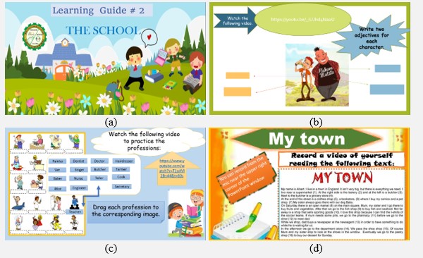 Imágenes de las guías: (a) Portada Guía # 2; (b) Actividad “Adectives” Guía # 1; (c) Actividad “Professions” Guía #3; (d) Actividad “My town” Guía # 4.