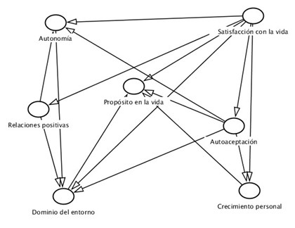 Gráfico acíclico dirigido de la relación entre las dimensiones de bienestar psicológico y satisfacción con la vida