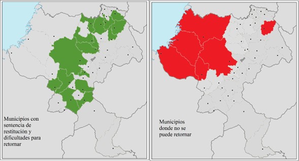 Municipios con sentencia de restitución de tierras y dificultades para retornar, y municipios donde no se puede retornar en el departamento del Cauca 2019- 2023
